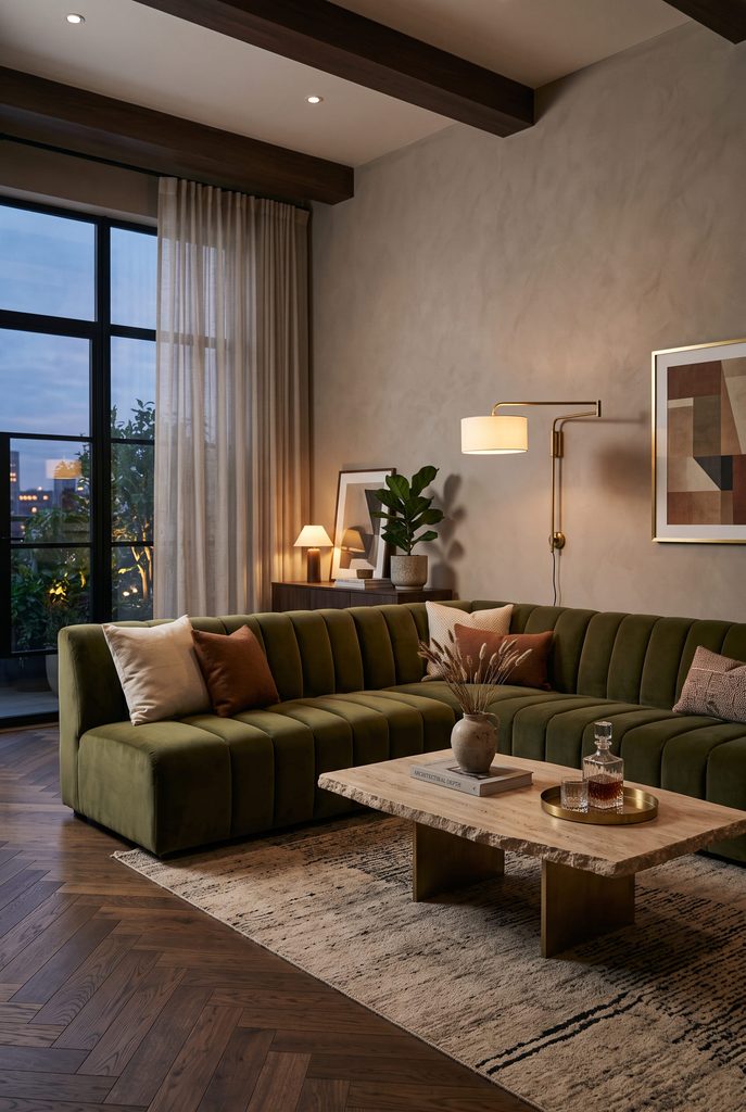 Channel-Tufted Olive Velvet Sectional