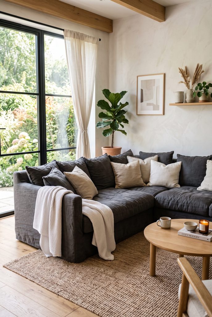 Slubby Charcoal Slipcovered Sectional